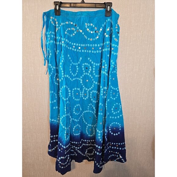 Handmade Blue boho midi skirt adjustable tie waist mirror sequins One Size New - Picture 3 of 16